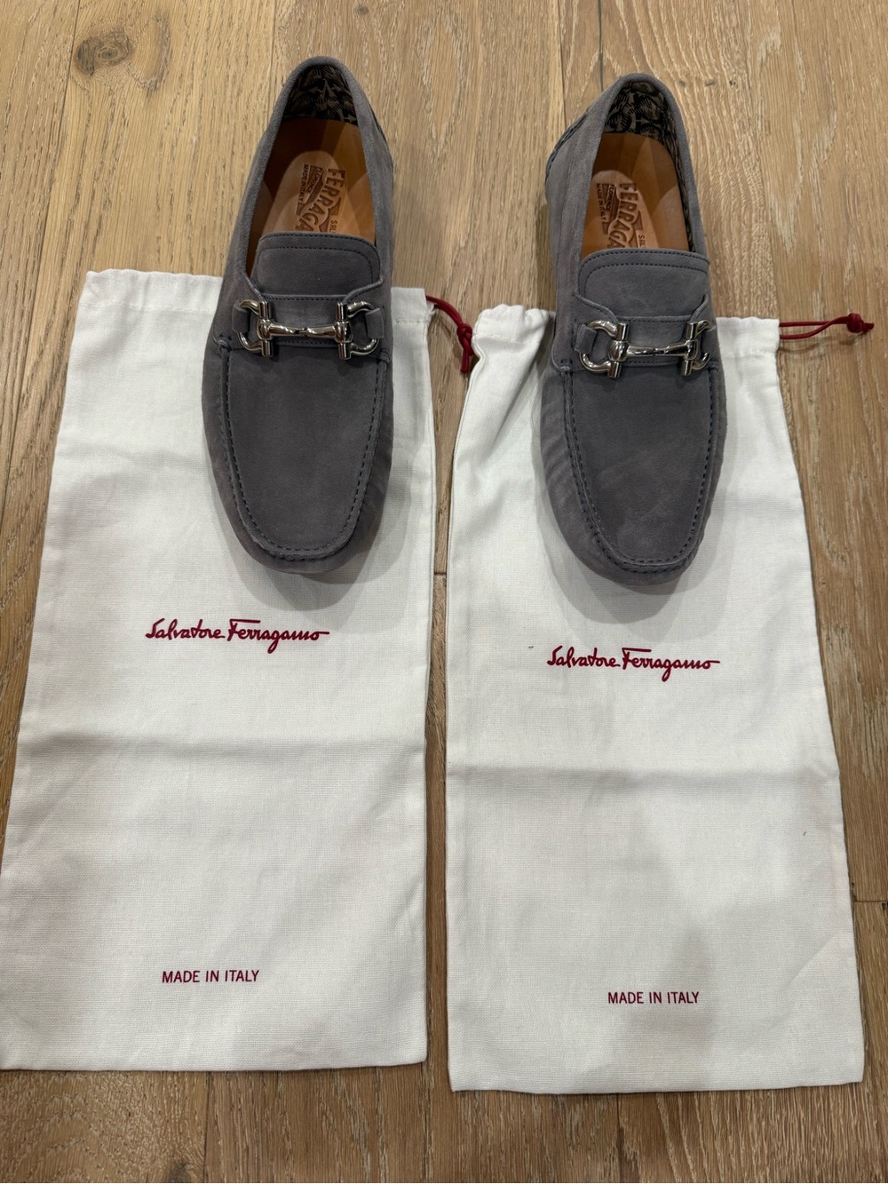 Salvatore Ferragamo Gancini Gray Suede Loafers